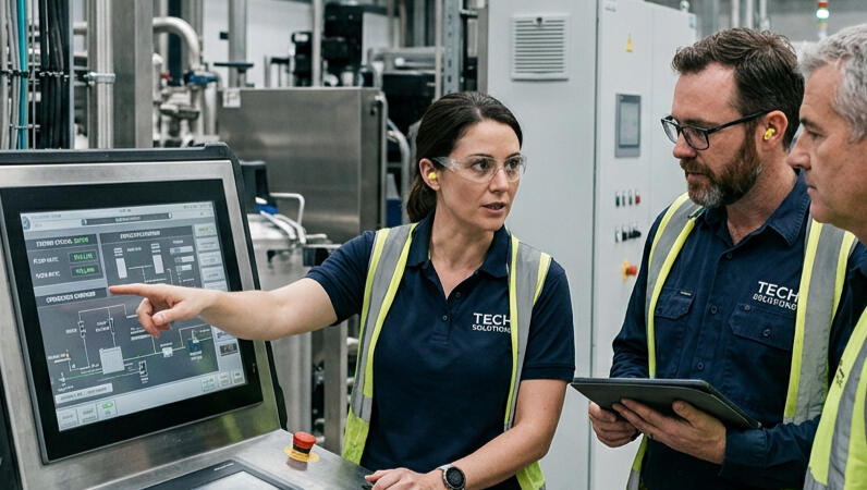 Industrial engineering team reviewing a digital control system in a manufacturing facility